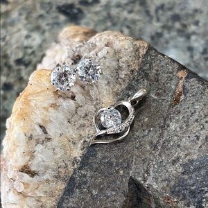 Sterling Silver CZ Pendant and Stud Earrings Set